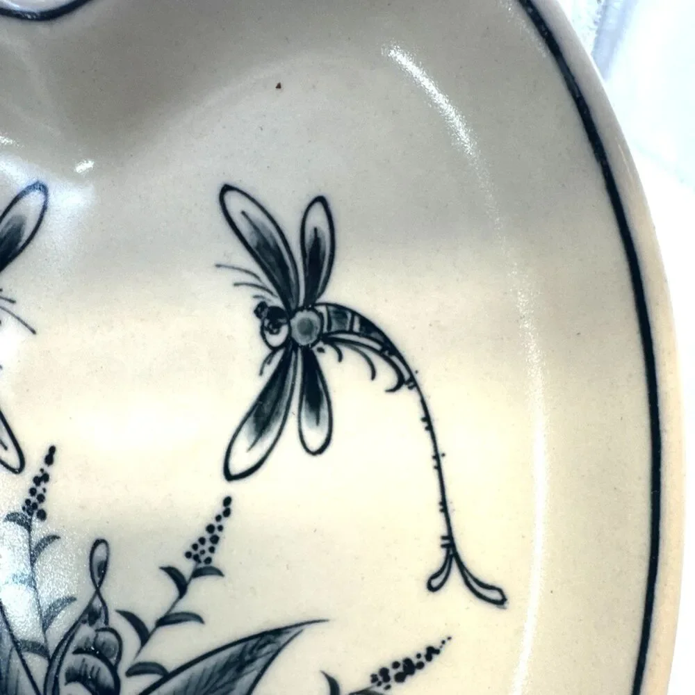 Bat Trang Vietnamese Hand Painted Pottery 2 Bowl heart trinket dish Dragonflies
